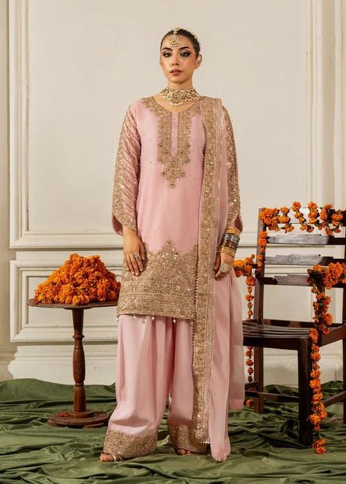 3 Piece Golden Embroidered Farshi Shalwar Chiffon Suit - Pink