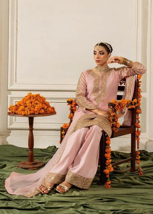 3 Piece Golden Embroidered Farshi Shalwar Chiffon Suit - Pink