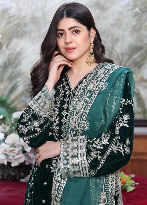 XXL - Embroidered Velvet Suit - Organza Dupatta & Jamawar (Brocade) Pants - Bottle Green