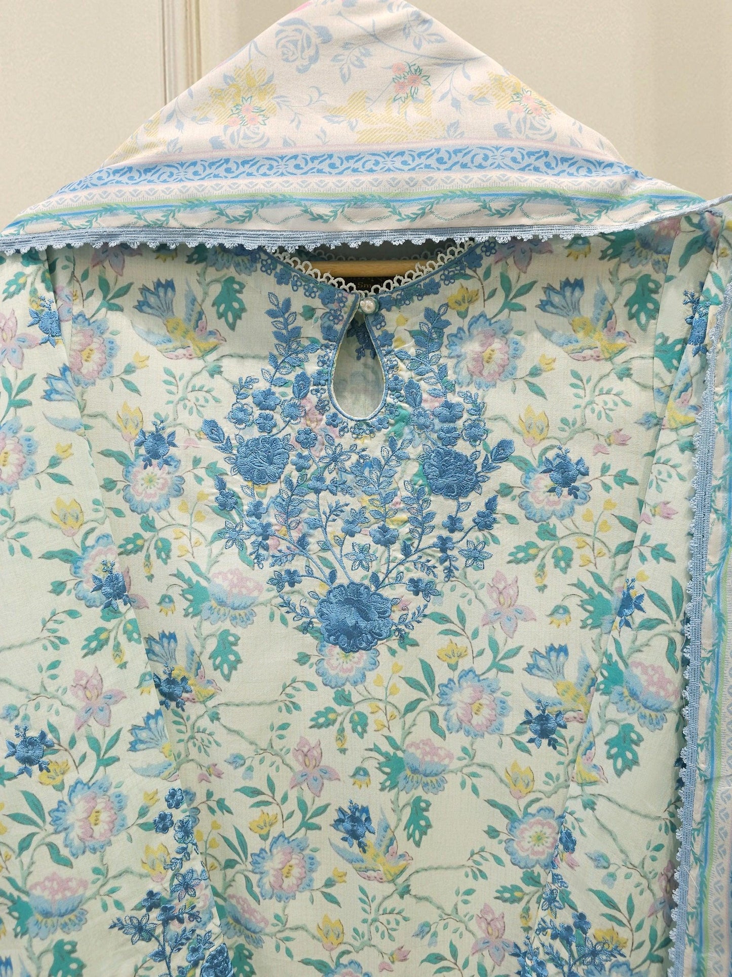 3 Piece - Embroidered Cambric Suit: Light Blue Shalwar Kameez - Ready Made Agha Noor
