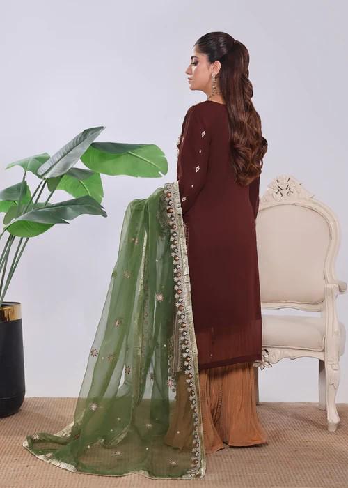 XXL - Embroidered Chiffon Gharara Suit - Chocolate Brown