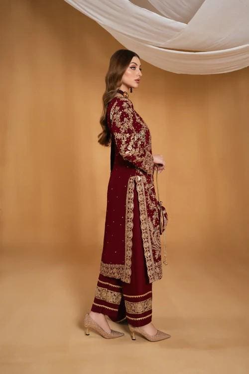 3 Piece Golden Embroidered Palazzo Chiffon Suit - Maroon