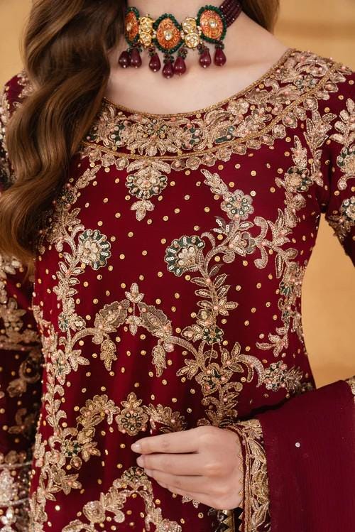 3 Piece Golden Embroidered Palazzo Chiffon Suit - Maroon