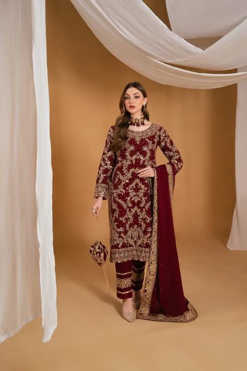 3 Piece Golden Embroidered Palazzo Chiffon Suit - Maroon