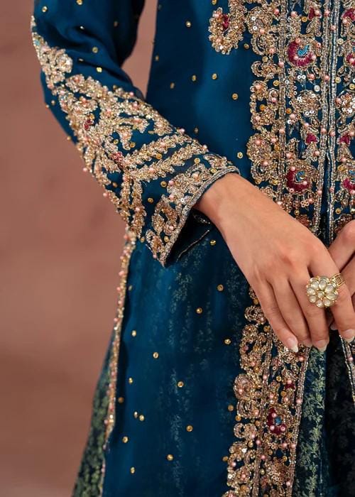 4 Piece Embroidered Chiffon Flared Jamawar Lehenga Suit - With Potli Bag