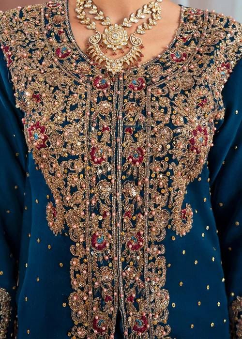 4 Piece Embroidered Chiffon Flared Jamawar Lehenga Suit - With Potli Bag