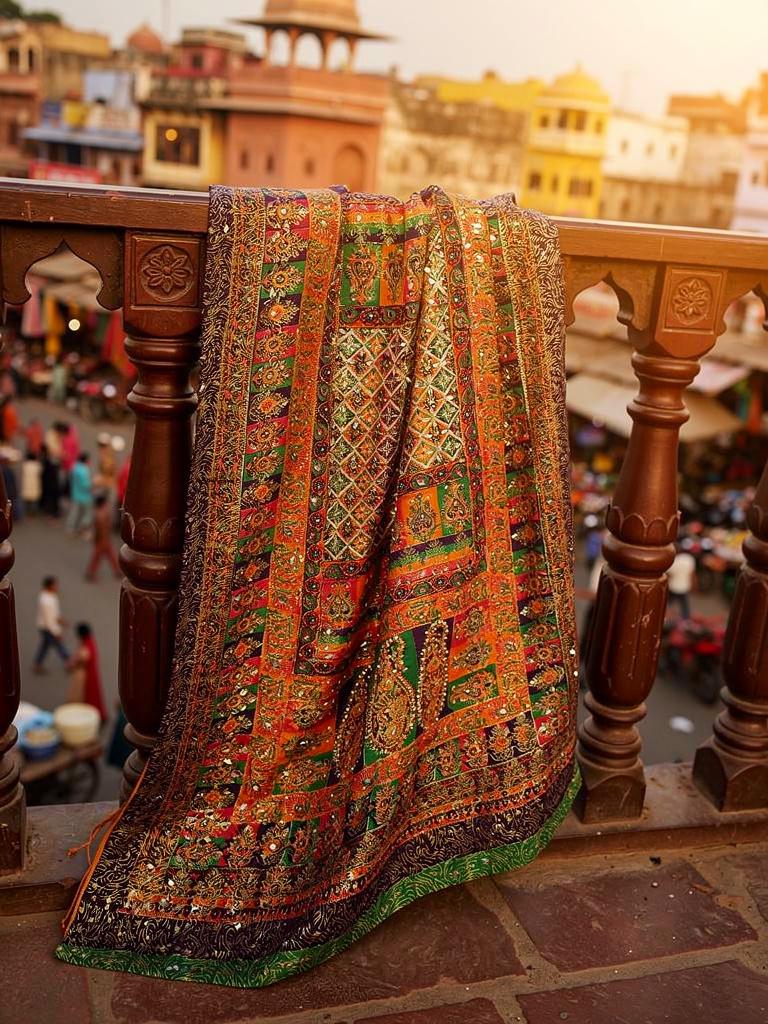 DPM1- Handmade Block Print Silk Dupatta With Mirror and Pearl Work
