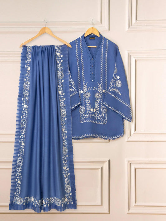 Last Piece: Agha Noor 3 Piece Cotton Net Embroidered Suit  -  -Size Large (Chest 44 Inches)