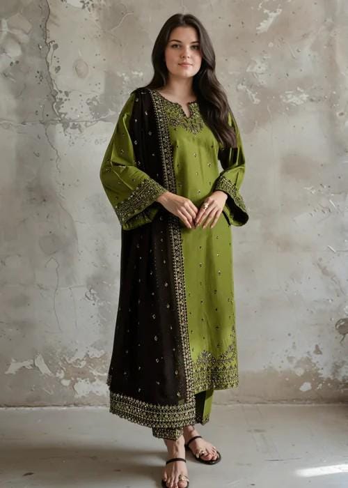 Embroidered Linen Suit with Chiffon Dupatta - Olive Green