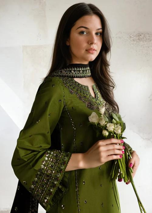 Embroidered Linen Suit with Chiffon Dupatta - Olive Green