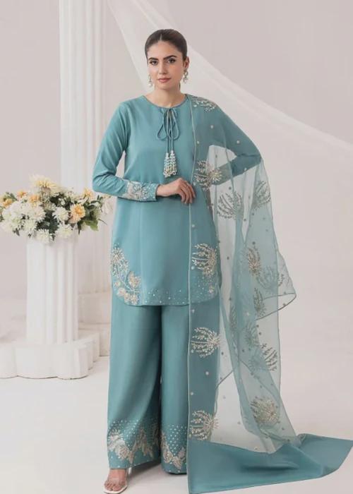 3 Piece Embroidered Linen Palazzo Suit - Short Kurta - Chiffon Dupatta