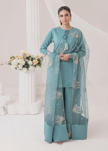3 Piece Embroidered Linen Palazzo Suit - Short Kurta - Chiffon Dupatta