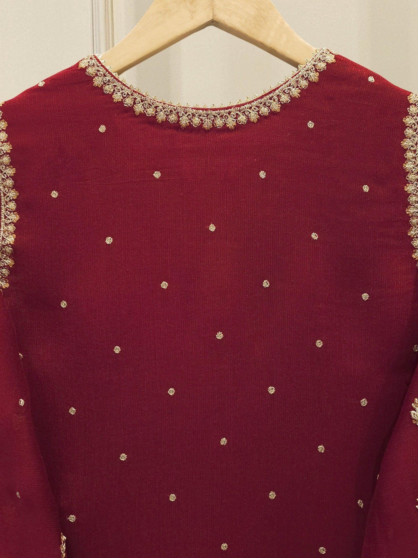 Agha Noor 3 Piece - Pure Embroidered Cotton Net Suit - Maroon