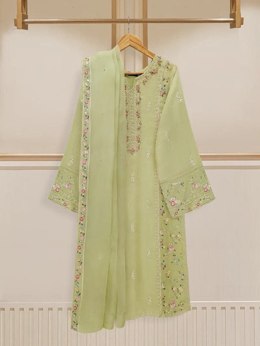 Agha Noor 3 Piece - Embroidered Cotton Net Suit - Pista Green, Raw Silk Pants