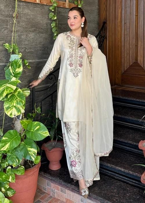 Embroidered Silk Farshi Shalwar Suit with Organza Dupatta - 3 Piece - Pearl White