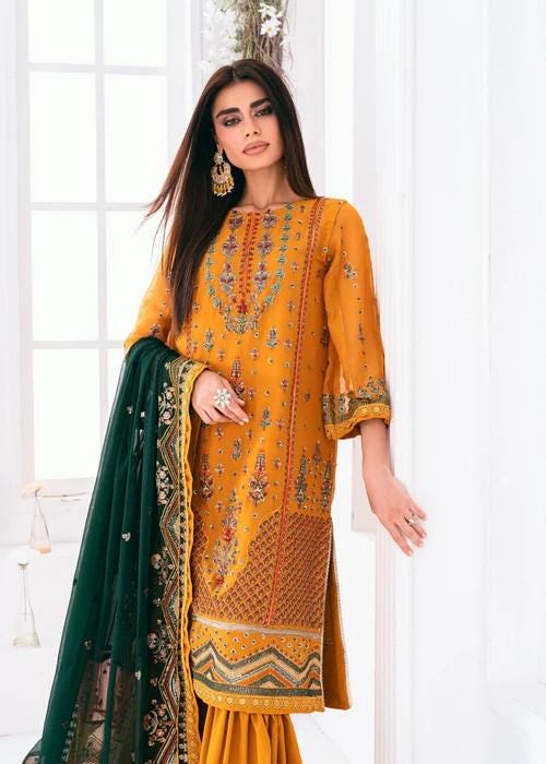 Embroidered Mustard Chiffon Suit - Silk Gharara - 3 Piece