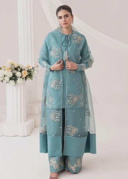 3 Piece Embroidered Linen Palazzo Suit - Short Kurta - Chiffon Dupatta