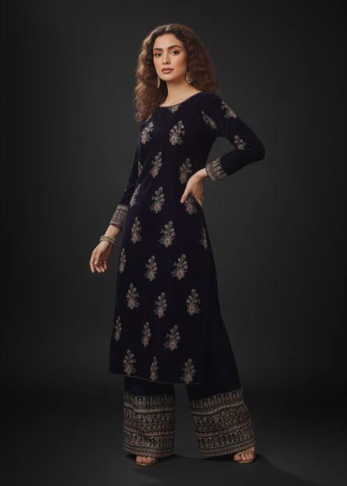 XL Embroidered Purple Velvet Palazzo Suit - 3 Piece - Organza Dupatta