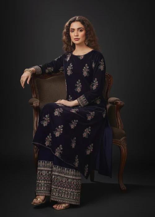 XL Embroidered Purple Velvet Palazzo Suit - 3 Piece - Organza Dupatta