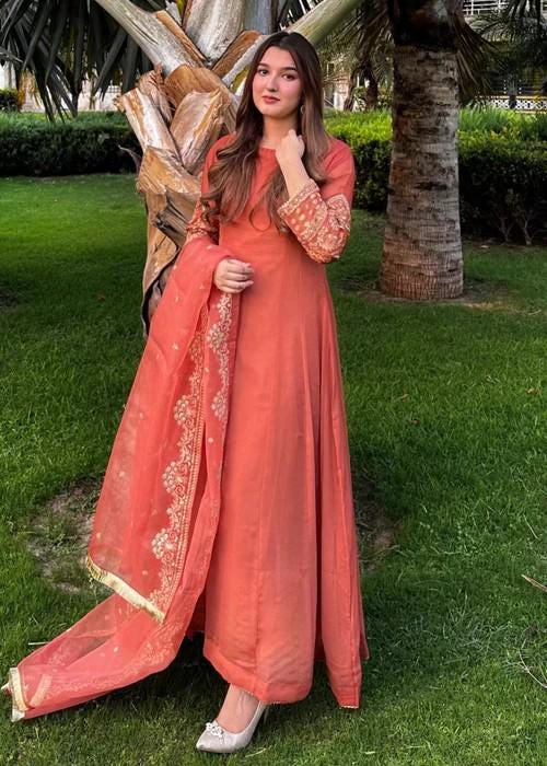 Embroidered Chiffon Suit - Coral Orange - Organza Dupatta