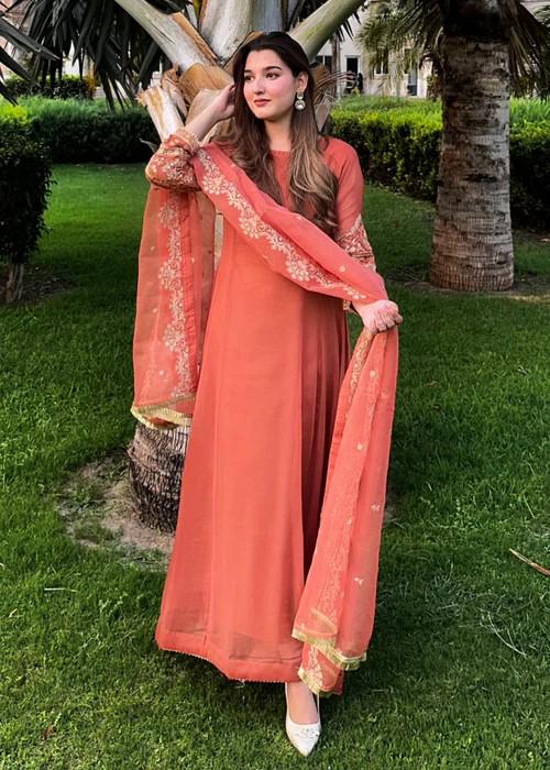 Embroidered Chiffon Suit - Coral Orange - Organza Dupatta