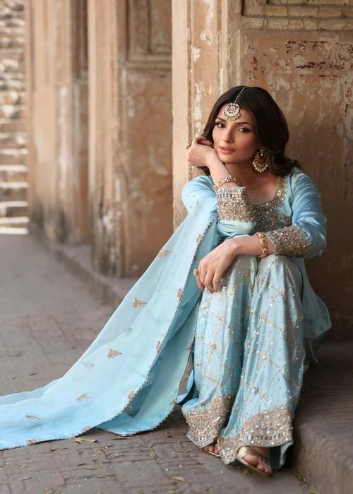 4 Piece - Embroidered Charmeuse Silk Farshi Shalwar Suit - Organza Dupatta - Potli Bag