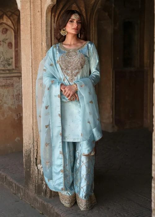 4 Piece - Embroidered Charmeuse Silk Farshi Shalwar Suit - Organza Dupatta - Potli Bag
