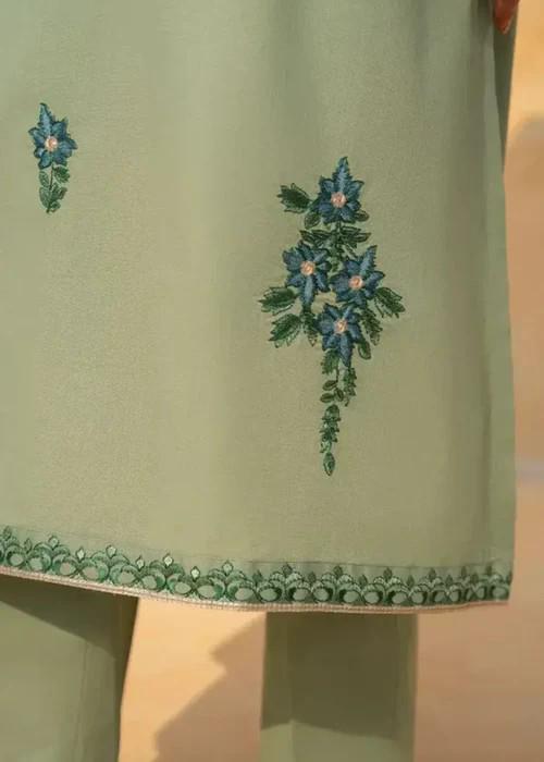 Embroidered Cotton Suit with Chiffon Dupatta - Moss Green