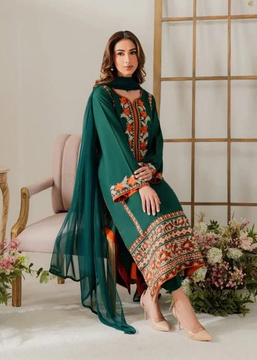 Embroidered Linen Suit - 3 Piece - Chiffon Dupatta
