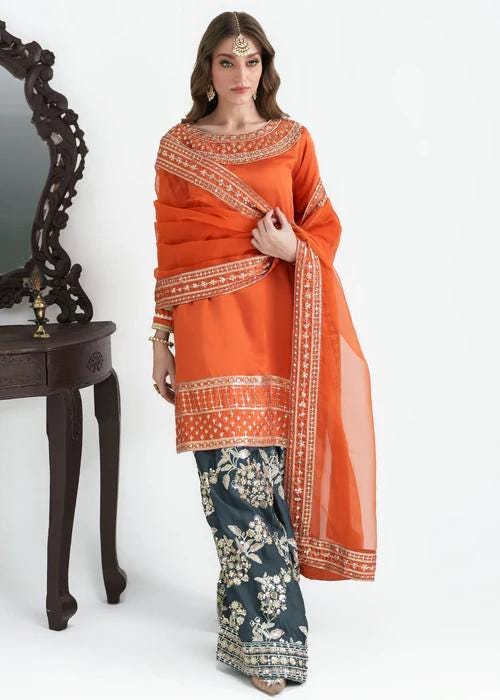 3 Piece Embroidered Farshi Shalwar Charmeuse Silk Suit