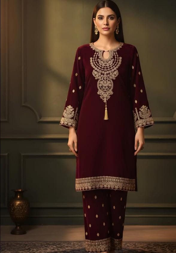 Embroidered Maroon Velvet Suit - 2 Piece