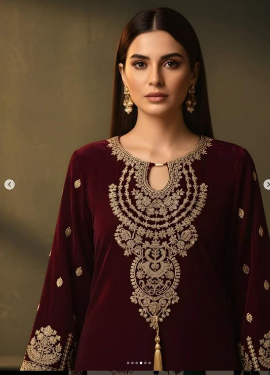 Embroidered Maroon Velvet Suit - 2 Piece