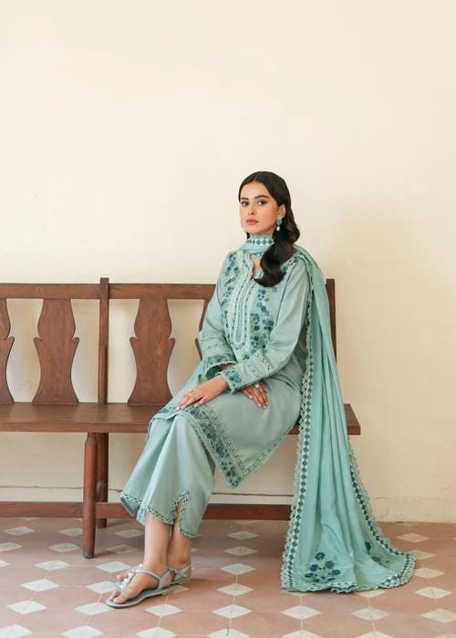 3 Piece Pakistani Lawn Embroidered Designer Suit - Ice Blue