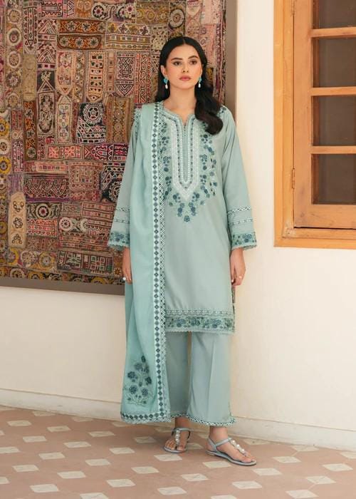 3 Piece Pakistani Lawn Embroidered Designer Suit - Ice Blue