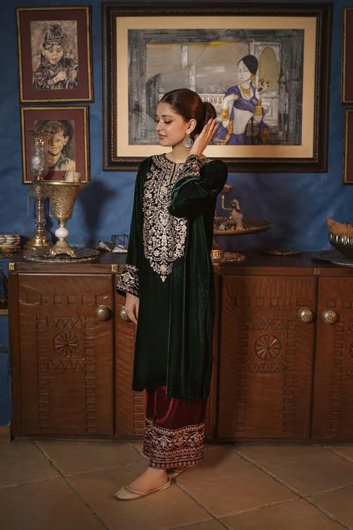 Embroidered Maroon and Dark Green Velvet Suit - 2 Piece