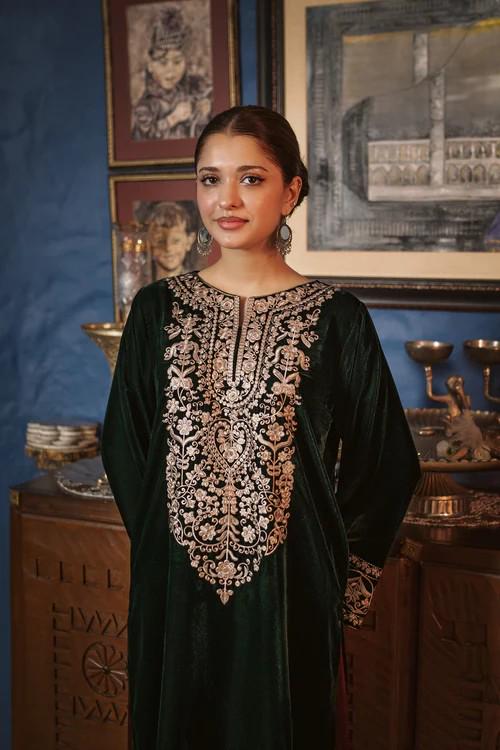Embroidered Maroon and Dark Green Velvet Suit - 2 Piece