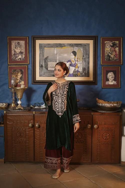Embroidered Maroon and Dark Green Velvet Suit - 2 Piece