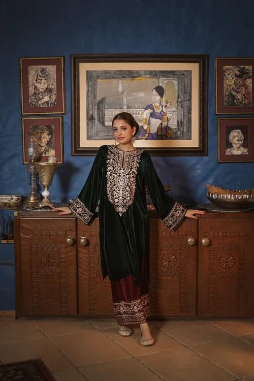 Embroidered Maroon and Dark Green Velvet Suit - 2 Piece