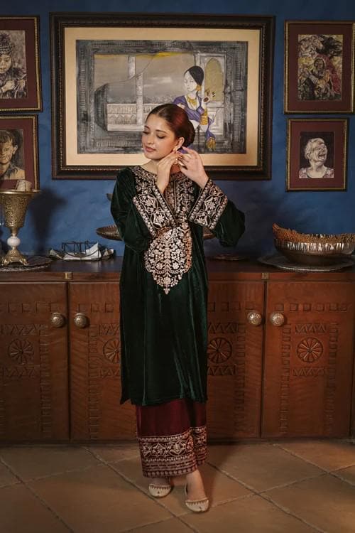 Embroidered Maroon and Dark Green Velvet Suit - 2 Piece