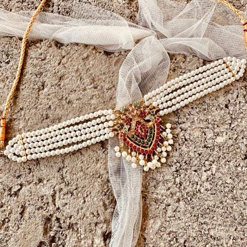 Gold Plated Faux Pearls Choker necklace and Earrings