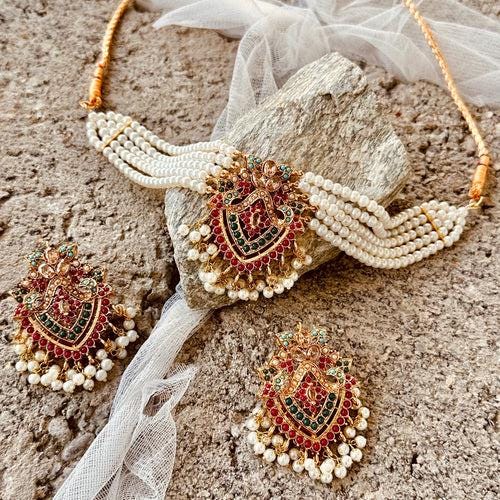 Gold Plated Faux Pearls Choker necklace and Earrings