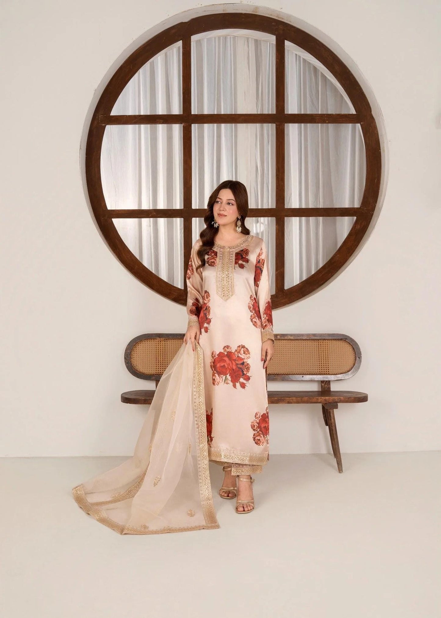 Embroidered Charmeuse Silk Suit - Organza Dupatta - Red Roses on Cream
