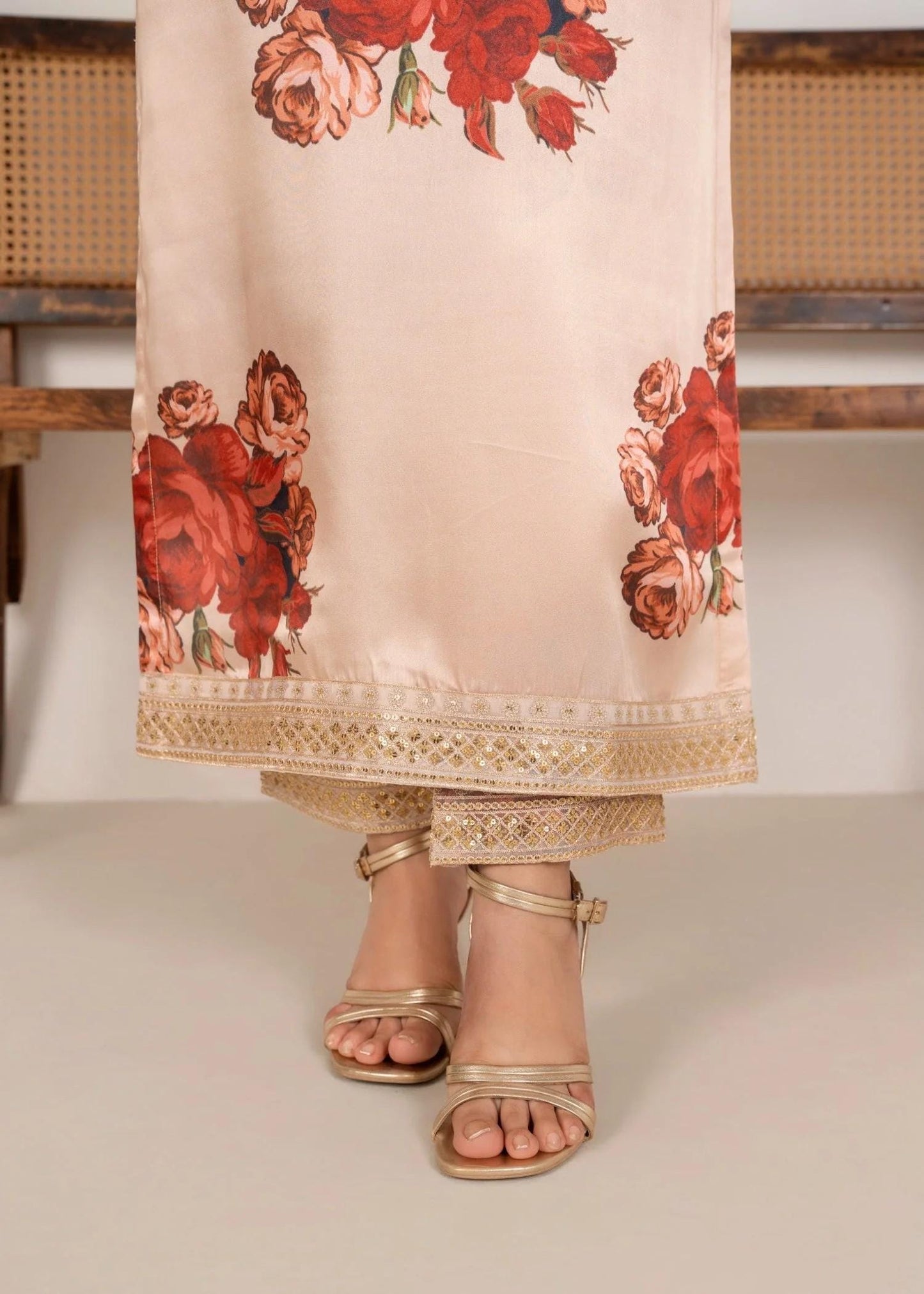 Embroidered Charmeuse Silk Suit - Organza Dupatta - Red Roses on Cream