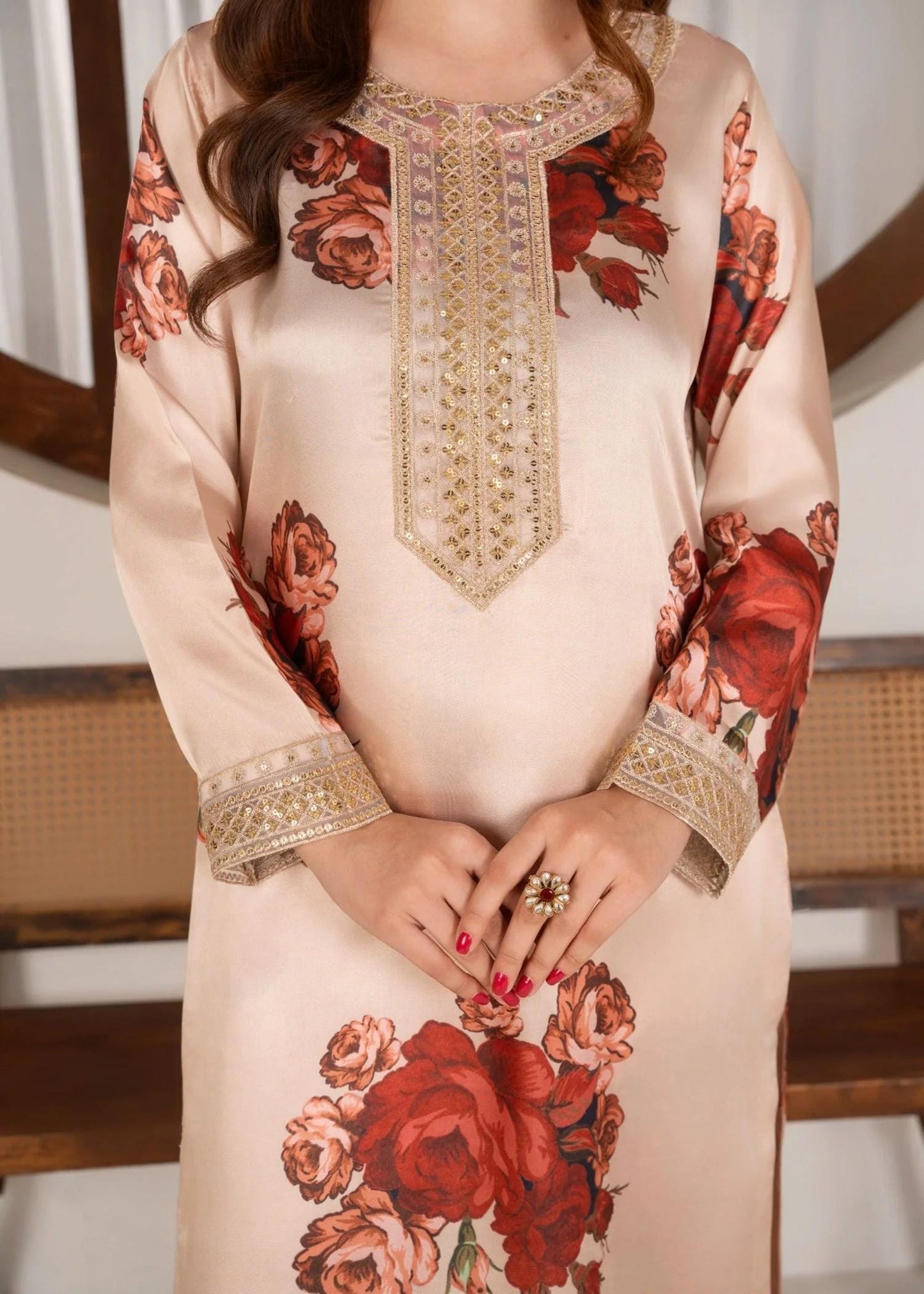 Embroidered Charmeuse Silk Suit - Organza Dupatta - Red Roses on Cream