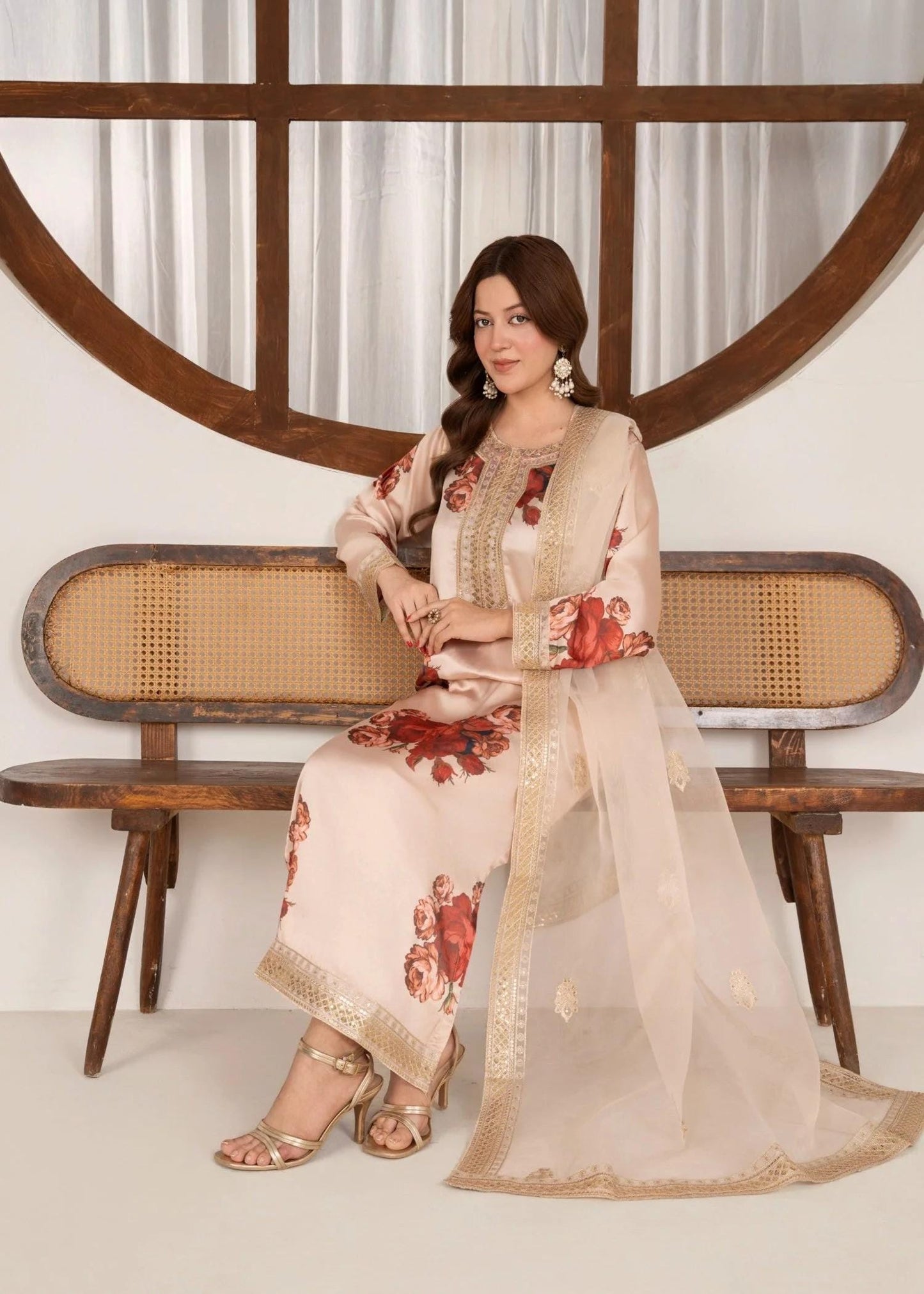 Embroidered Charmeuse Silk Suit - Organza Dupatta - Red Roses on Cream