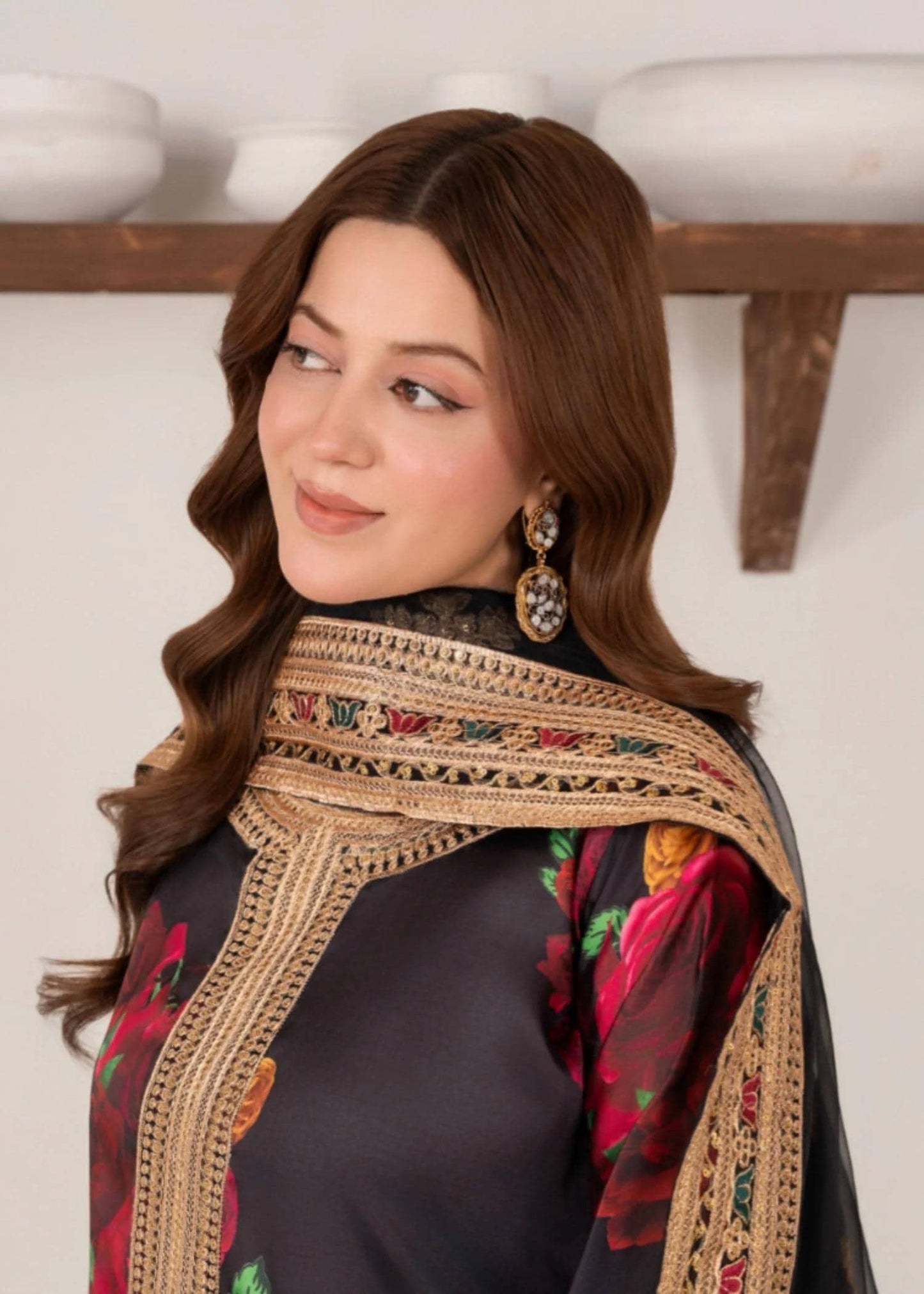 Embroidered Charmeuse Silk Suit - Organza Dupatta - Black and Red