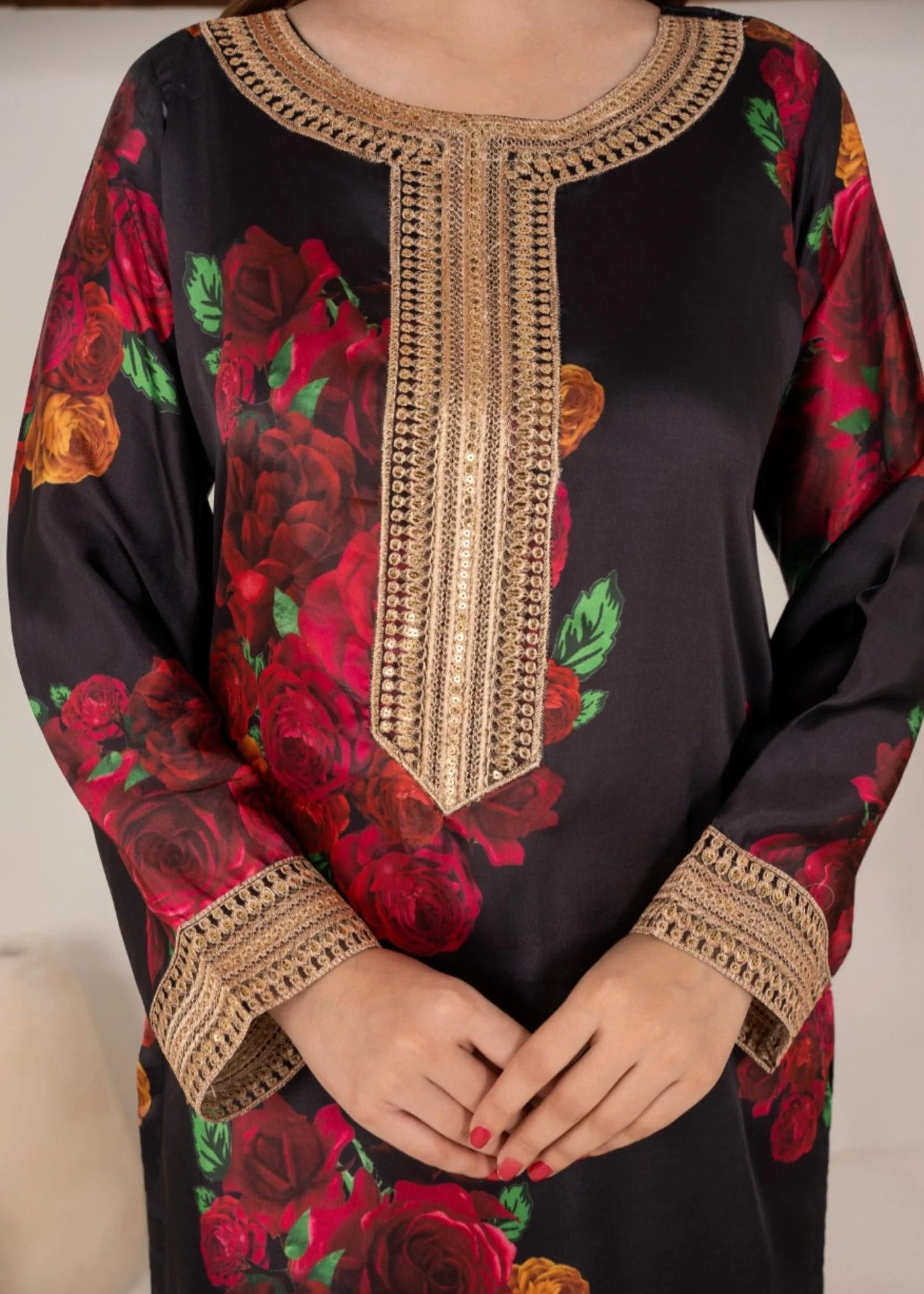 Embroidered Charmeuse Silk Suit - Organza Dupatta - Black and Red