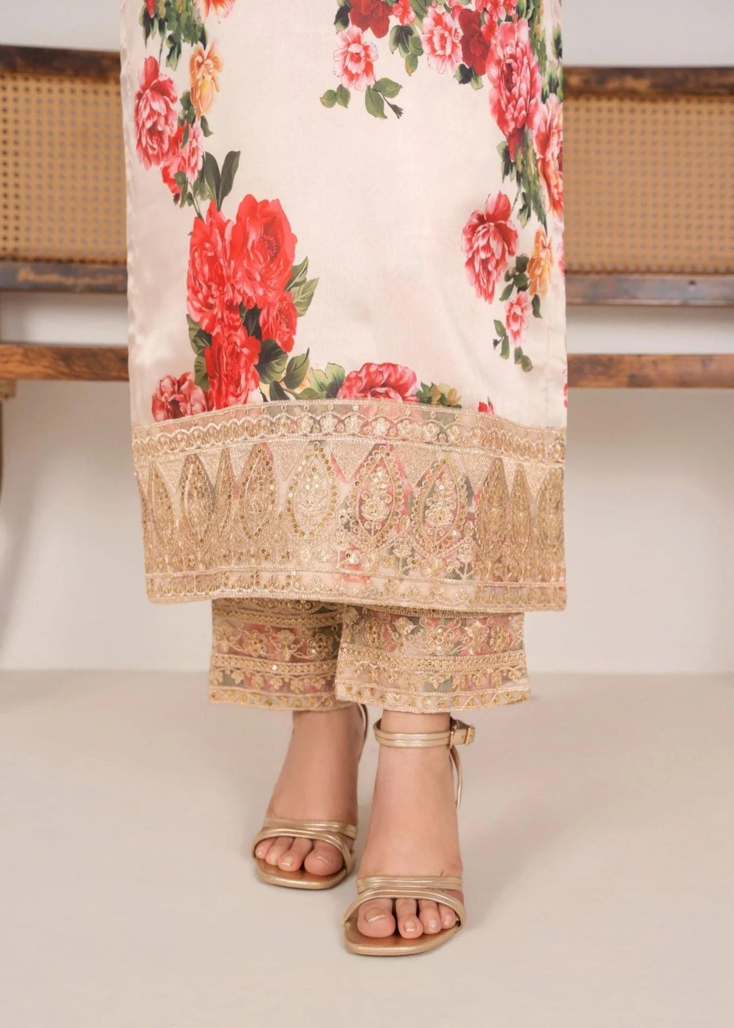 Embroidered Charmeuse Silk Suit - Organza Dupatta - Red Roses on Beige