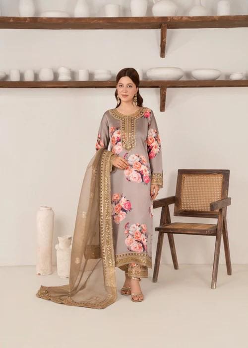 Embroidered Charmeuse Silk Suit - Organza Dupatta - Roses on Grey