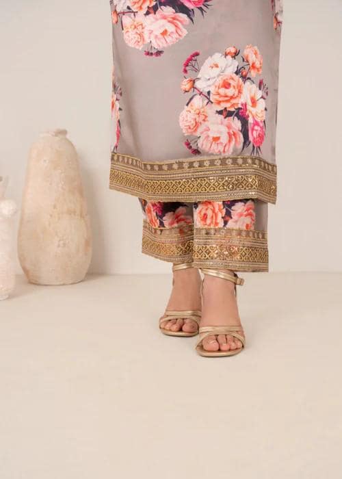 Embroidered Charmeuse Silk Suit - Organza Dupatta - Roses on Grey
